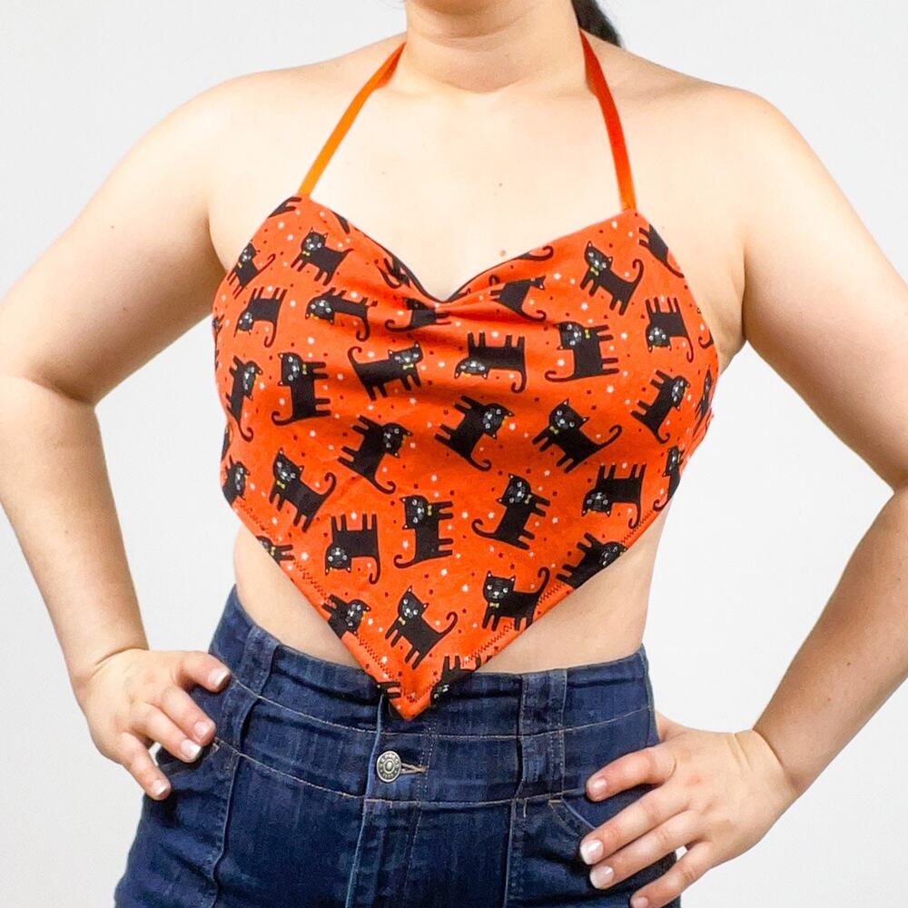 Handmade Halloween Black Cat Print Pattern Handkercheif Backless Top Y2k
